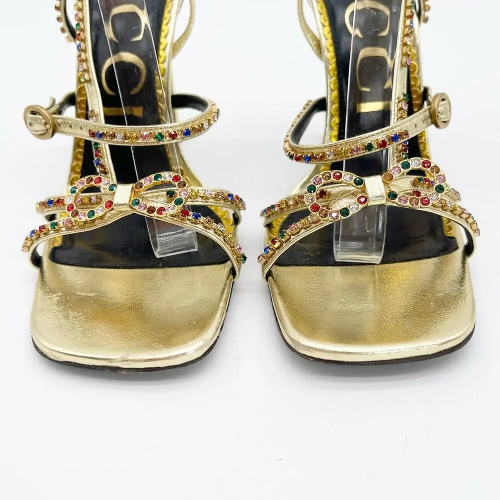 Gucci Carmen Crystal Embellished Gold Leather Bow High Heel Sandals EU 38.5 - Picture 7 of 13